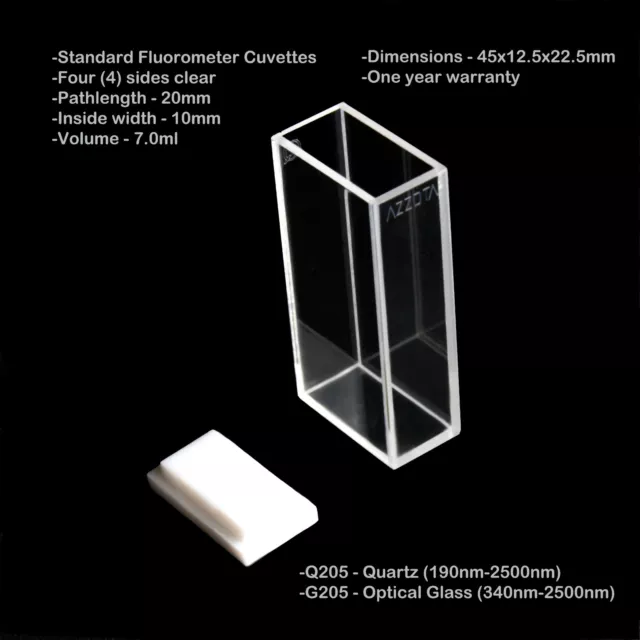 Azzota® 20mm Pathlength Standard Fluorometer Cuvette, 7ml, Quartz