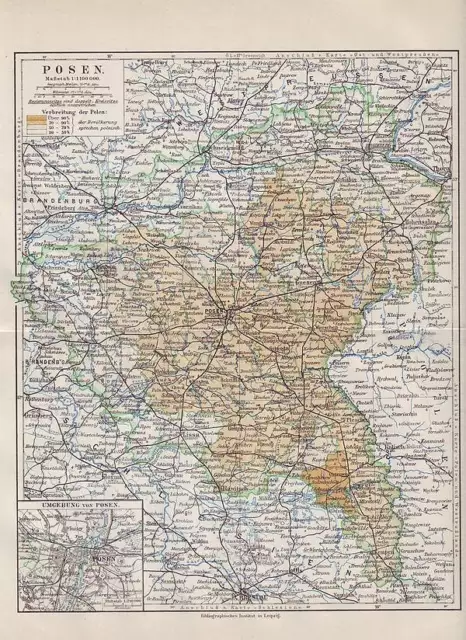 POSEN Poznań Bromberg Gnesen Lissa LANDKARTE von 1905 Wielkopolskie