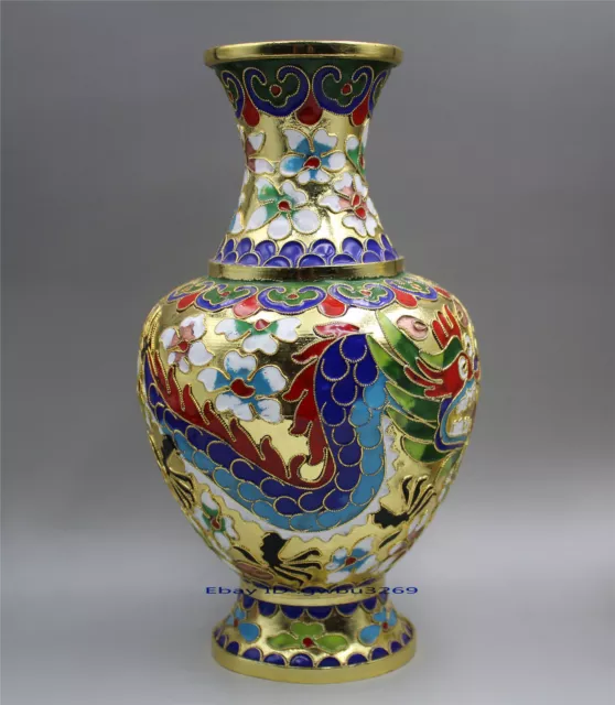 Vintage Chinese cloisonne Handwork carved dragons and phoenixes vase 21319