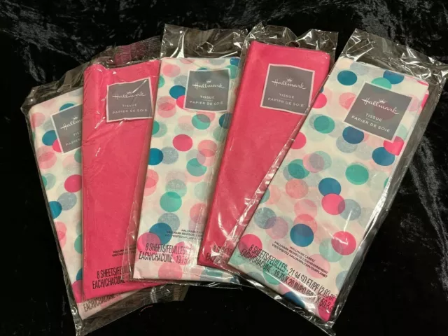 lot of 5 packages Hallmark tissue paper white pink teal green polka dot