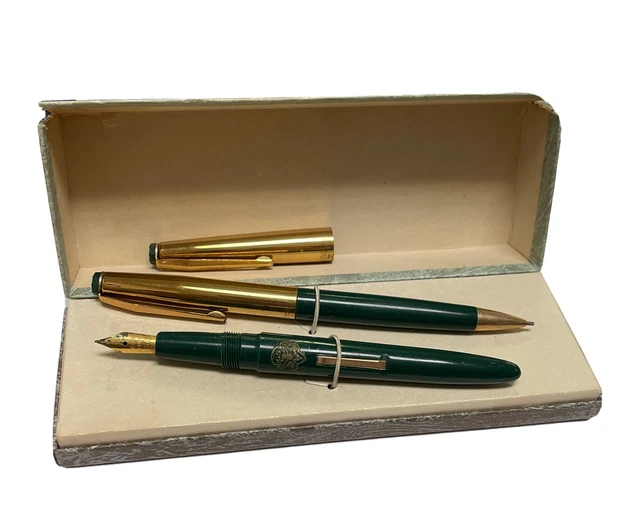 Stratford Girl Scouts Logo Fountain Pen/Pencil Set Boxed Green/Gold Trim Rare