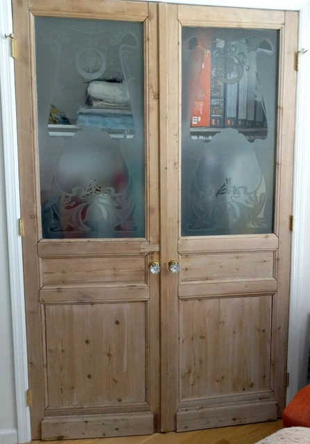 Antique French Art Nouveau Etched Glass Double Doors READ DESCRIPTION