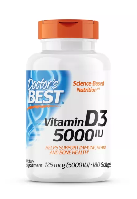 Doctor's Best Vitamine D-3 5000iu 180 Gélule, Immunitaire, Cœur, OS Support