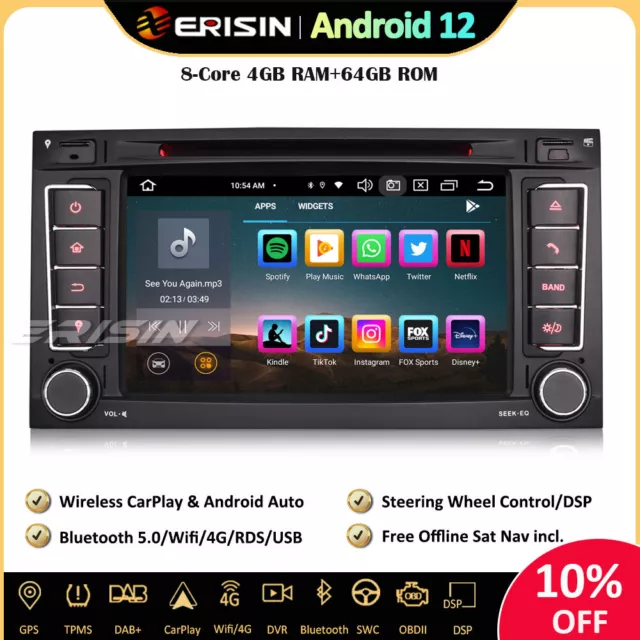 64Go Android 12 Autoradio GPS CarPlay RDS SWC CD Wifi For VW T5 Multivan Touareg