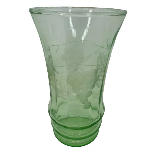 MacBeth Evans Depression Era Green Uranium Glow Glass Tumbler Etched Flower