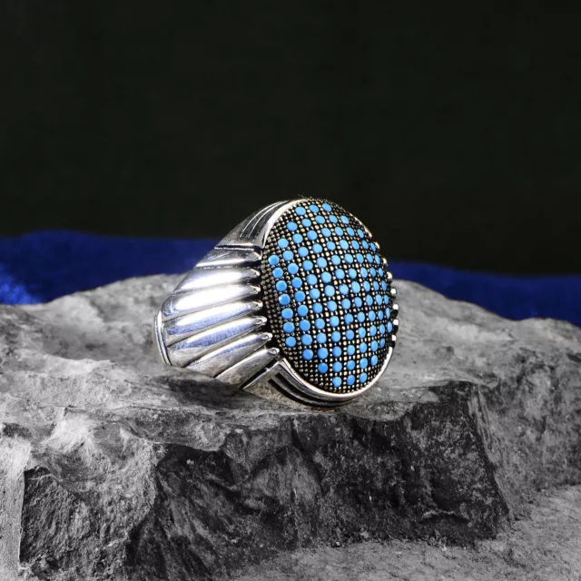 Men Handmade Silver Turquoise Ring , Silver Handcrafted Micro Turquoise Ring