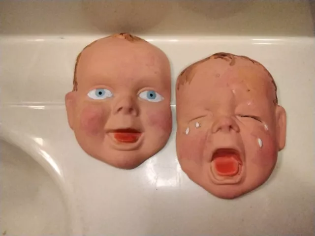 2 Vtg Baby Face Chalkware Plaster Head Laughing Crying Creepy Funny 3D Wall Hang
