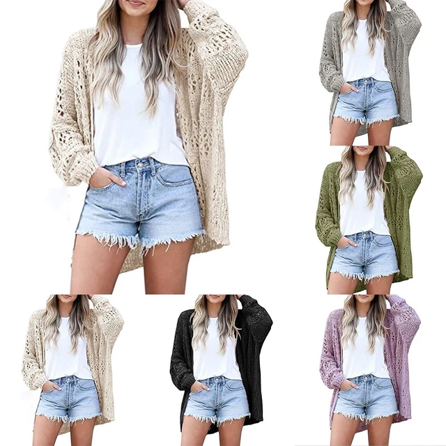 Donna Maglia Cardigan Aperto Davanti Traforato Lungo Maniche Maglione Casual