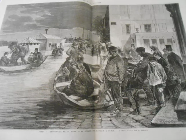 Gravure 1872 - Inondation Seine Service des Bateaux