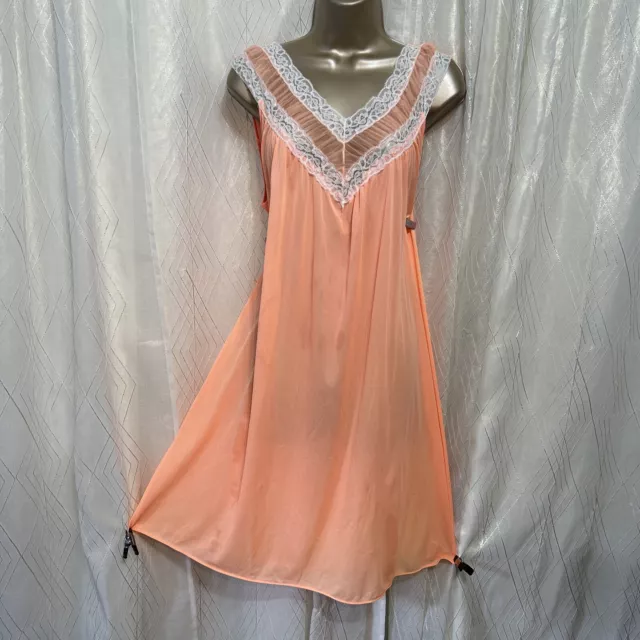 VTG XL 1X + Nightgown babydoll Neon Coral Lace Nylon Soft Silky Negligee