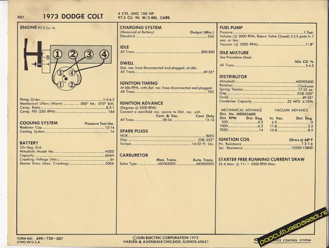 1973 DODGE COLT 4 Cylinder 100 hp / 97.5 ci 2 BBL Car SUN ELECTRONIC SPEC SHEET