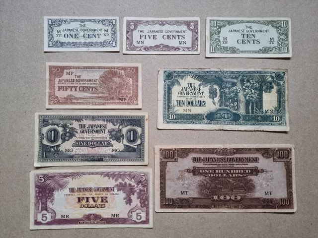 Japanese Invasion Money (JIM) WWII Banknotes Set of 8 Malaya 1 cent - $100