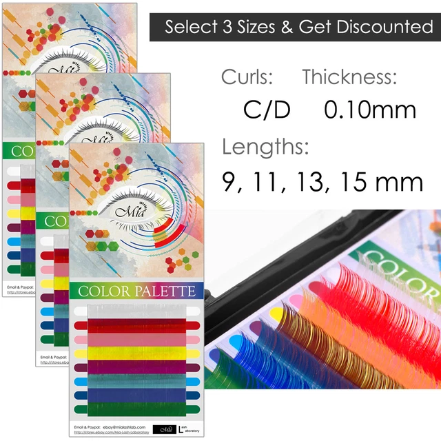 Paquete de 3 extensiones de pestañas individuales arco iris paleta de colores