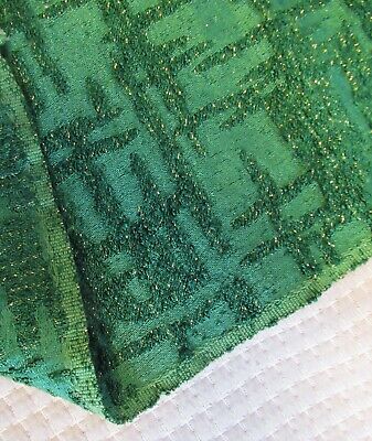 Vtg Mid Century Dark Green w Gold Metallic Frieze Style Fabric Upholstery