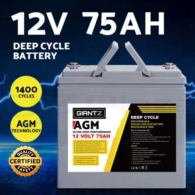 Giantz AGM Deep Cycle Battery 12V 75Ah Marine Sealed Power Portable Box Solar