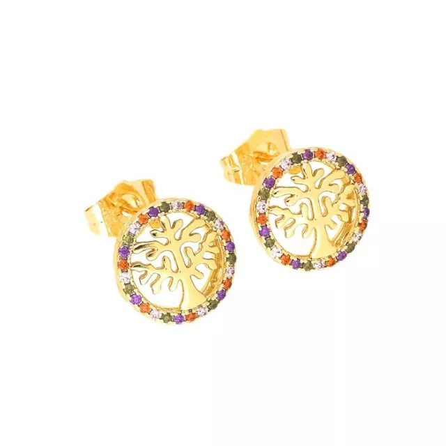 Boucles d’Oreille Puces Arbre de Vie Cristal Multicolore Plaqué Or Jaune 750