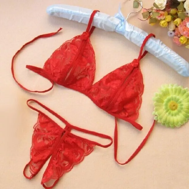 Completo intimo bikini reggiseno pizzo trasparente pigiama lingerie sexy rosso