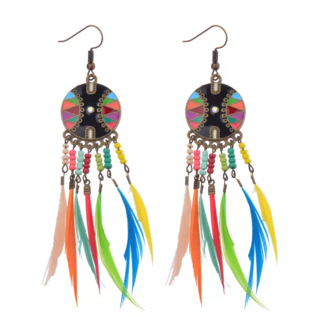 Bohemian Boho Style Multi-color Beads&Feathers Tassel Dangle Women Earrings
