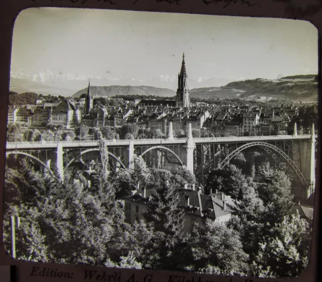 VICTORIAN Glass Magic Lantern Slide BRIDGE AT BERN C1890  PHOTO SWITZERLAND