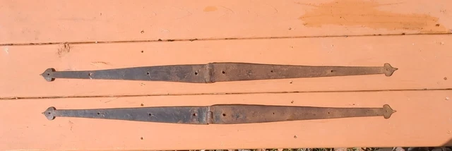 Antique Primitive Strap Hinges Pair Set Blacksmith Forged Wrought Iron 36 Inches