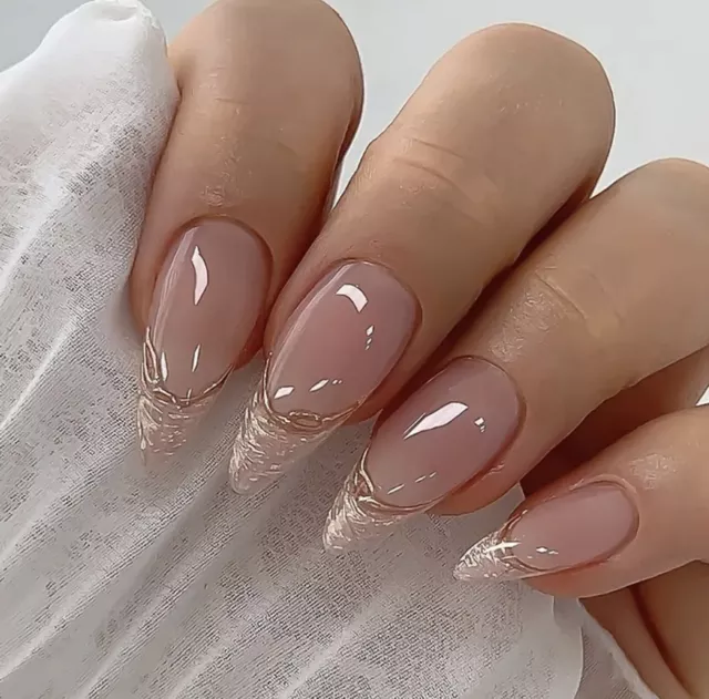 false nails with glue. Glossy Medium Almond Fake Nails Nude Colour