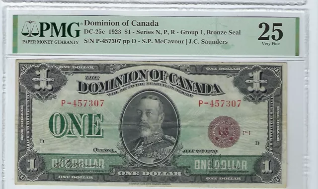 1923 Dominion of Canada $1 Dollar  Bank Note DC-25e PMG 25