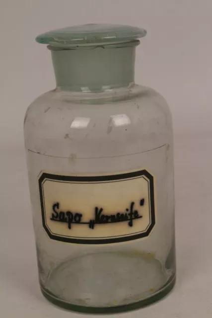 Apotheker Flasche Medizin Glas klar Sapo Kernseife antik Deckelflasche