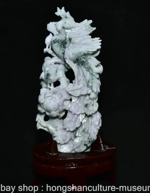 11" Old Chinese Jadeite Emerald Jade Carving Feng Shui Phoenix Flower Statue
