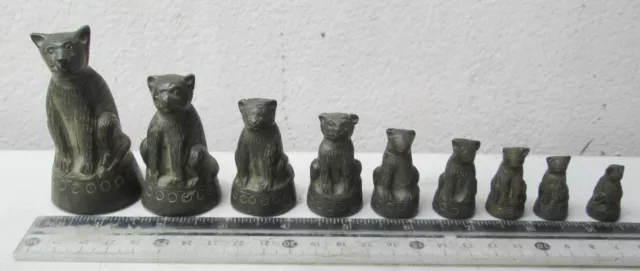Superb Old Bronze Opium Weight Set 9 Nine Lives Pussy Cats