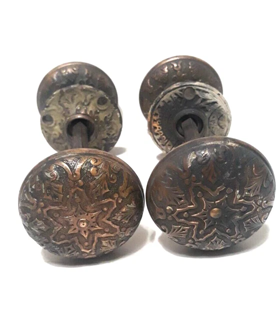Pair of Antique Vintage Eastlake Victorian Ornate Door Knobs w/ Spindle Salvage