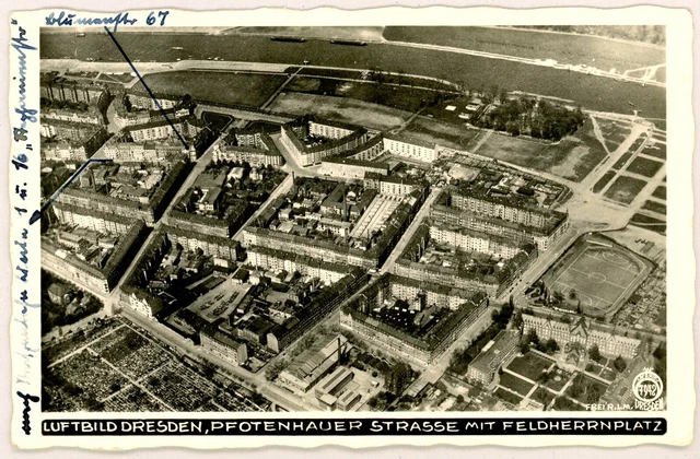 Ansichtskarte Dresden Johannstadt Luftbild Walter Hahn Pfotenhauer Strasse -Rar!