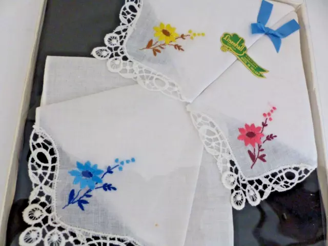 3 Fazzoletti A Mano Vintage In Cotone Linohall Ricamati Made In Irland
