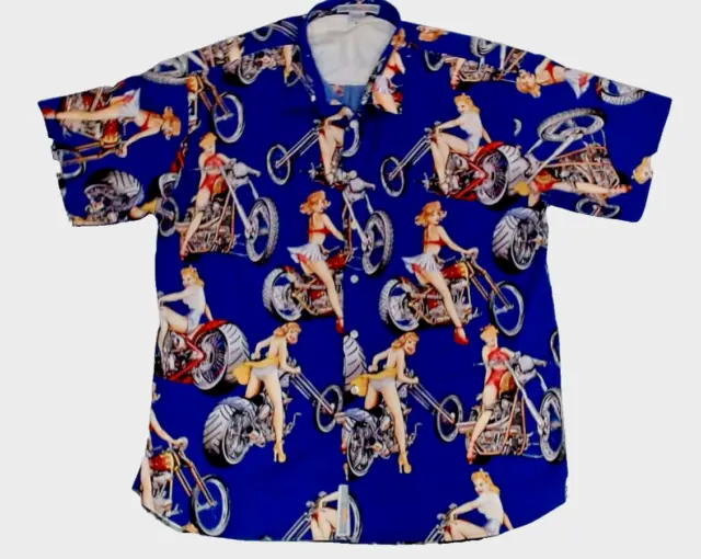 Vntg Pin Up Girls On Motorcycles Button Up Shirt Xl Mens, Towering Genius, Usa