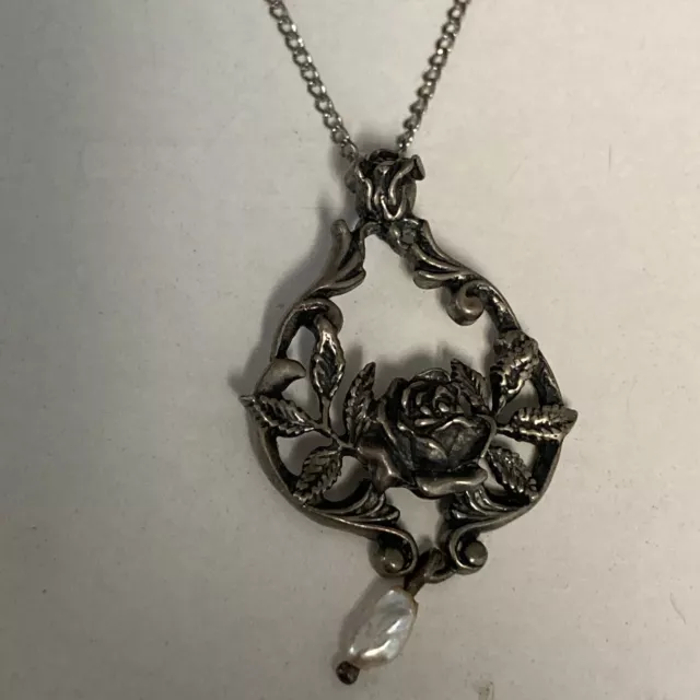 Franklin Mint Sterling Silver Floral Rose Freshwater Pearl Drop Pendant Necklace