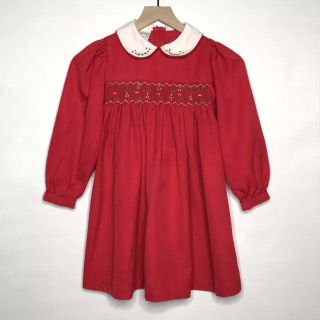 Vtg Samara Smocked Holiday Christmas Red Dress Holly Size 6 Tie Back Long Slv