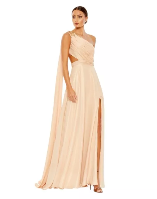MacDuggal 68053 $398 Embellished One Shoulder Cape Backless Gown Sz 2 Nude Gold