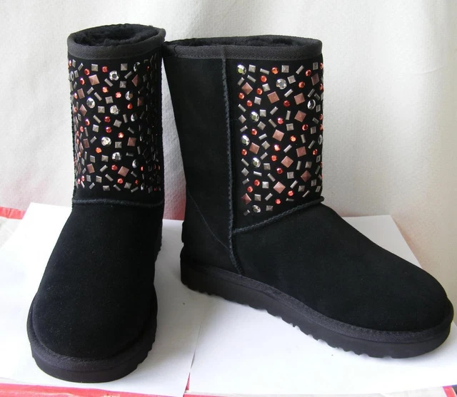 UGG Australia Black Boots 5 Studded Sparkling Silver Copper Metal Stones Plush
