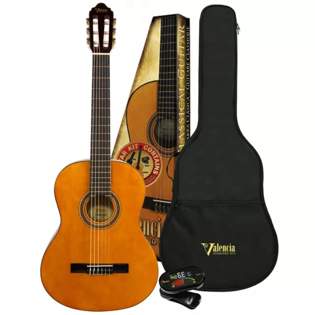 Valencia VC104K 4/4 FULL Size Classical Guitar Pack with Gig Bag & Clip-on Tuner