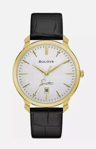 Bulova 97B204 Men's Frank Sinatra Classic Gold Tone Watch  w/ Black Leather Band