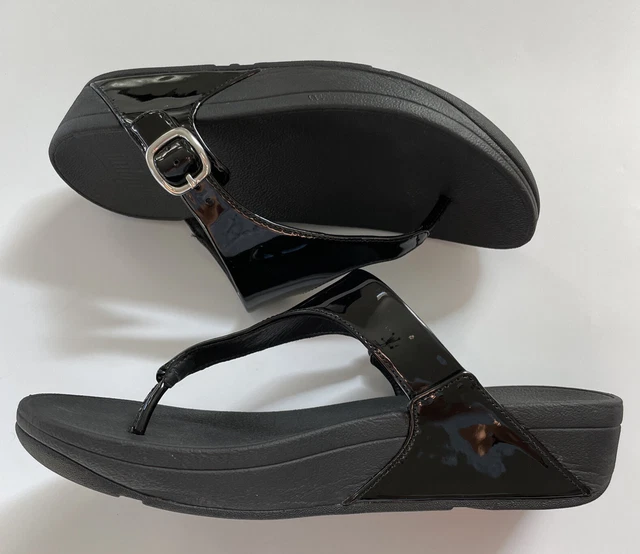 Fitflop Sandals Womens Size 8 Black Patent Leather Slip On Wedge Thong Shoes 3