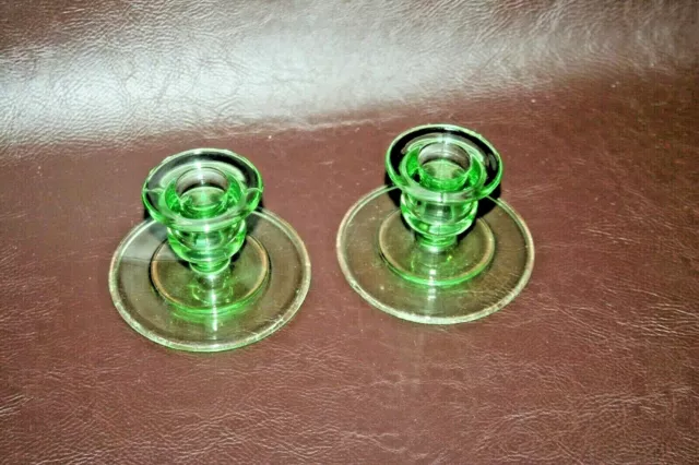 Pair Vintage 3.5" Art Deco Green Glass Candlestick Holders