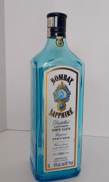 Bombay Sapphire London Dry Gin 1 L Empty Clear Blue Glass Bottle & Cap