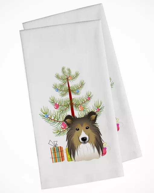 Sheltie Sheepdog Merry Christmas Tree White Kitchen Towel Set BB1614WTKT-SUK