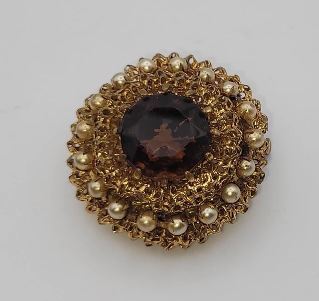 Broche Vintage Fleur Métal Doré Avec Cristal Autrichien – Aurores Boréales – Occasion – Style Ancien