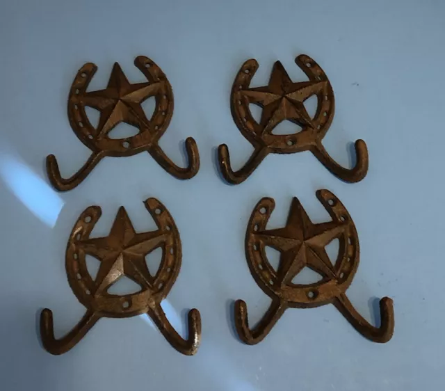 Set Of 4, Rustic Cast Iron Horseshoe Double Hook With Lone star, Farmhouse Ranch