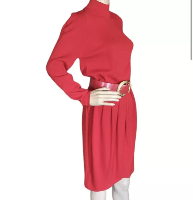 St. John Vtg 80s Red Mock Neck Tulip Santana Knit Belted Dress Long Sleeve 6 2