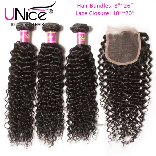 UNice 8A Brazilian Curly Human Hair 3 Bundles With Lace Closure Hair Extensions 2