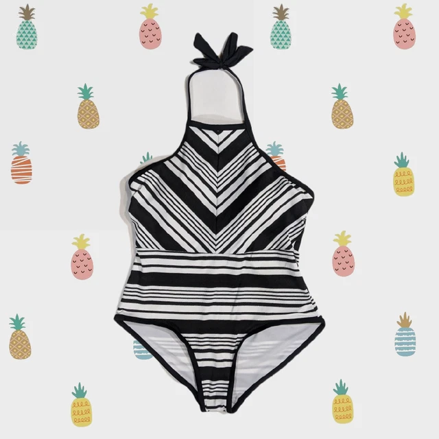 Time and Tru 1x 16/18 black and white striped bathing suit one-piece swimsuit