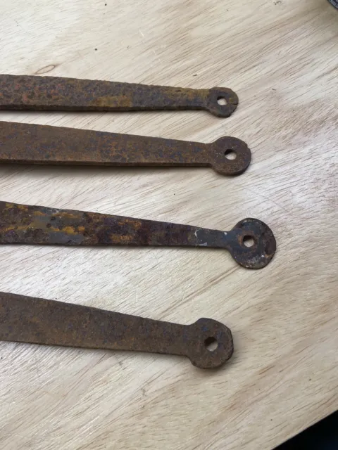 Antique 1800’s Barn Strap Hinges Hand Wrought Iron Round Ends 27 Inches 2