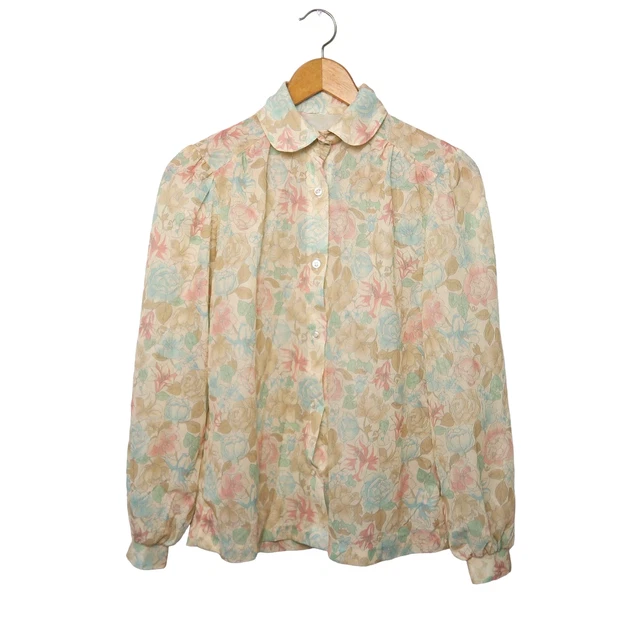 Vintage 70s cream and pastel floral print peter pan collar button down blouse Vintage 70s cream and pastel floral print peter pan collar button down blouse